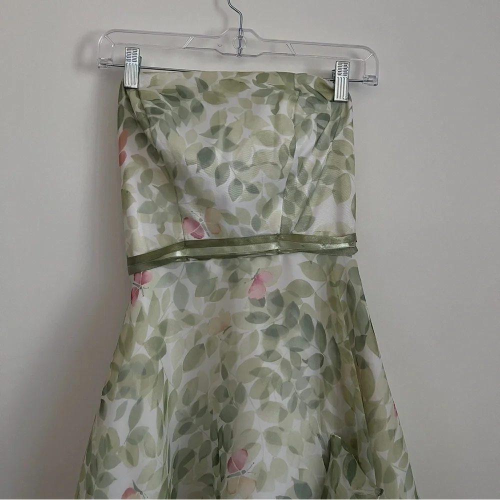 Strapless Green Floral A-Line Crinoline Gown Prom Formal Evening Dress-Size 2 - Picture 7 of 14